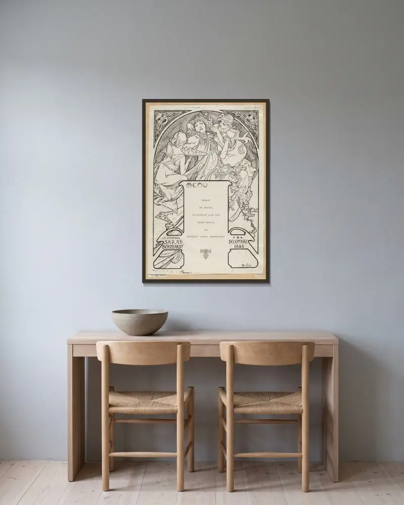 Teckning av Mucha till en av de tre menyerna för Sarah Bernhardts bankett av Alphonse Mucha inramad på en vägg