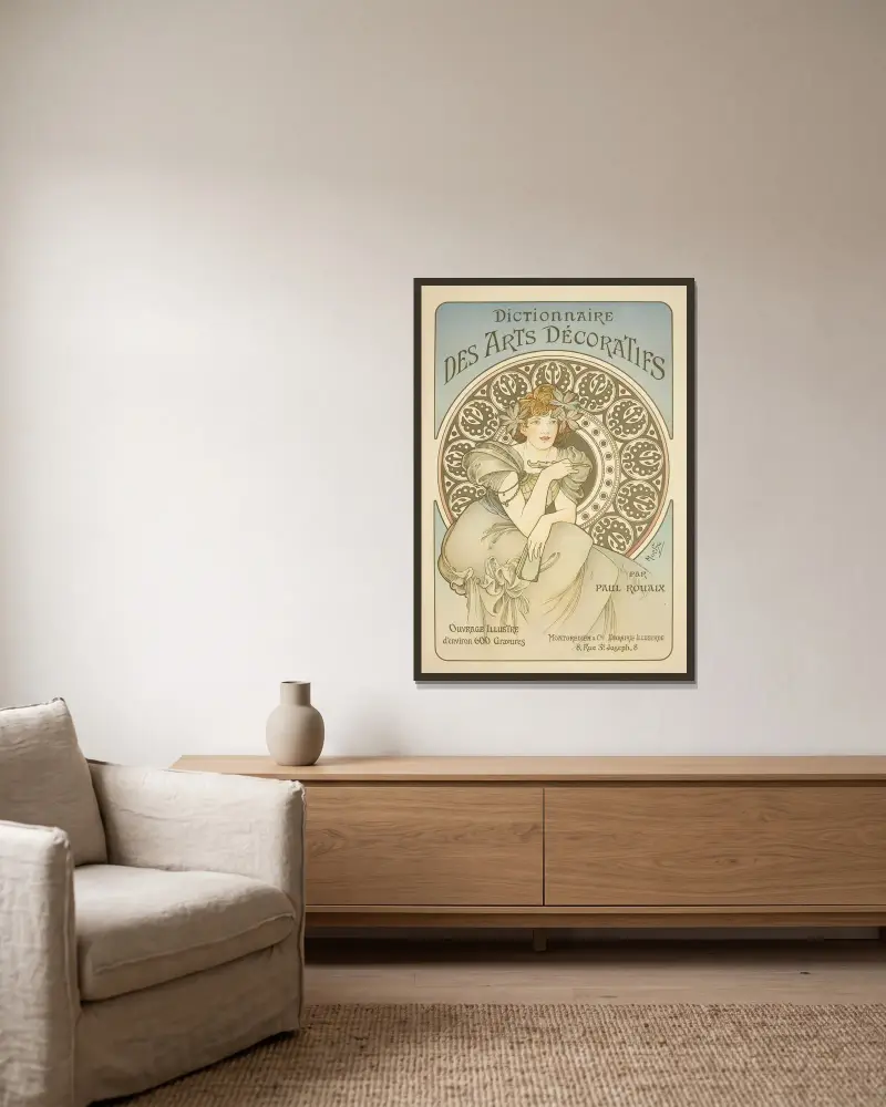 Dictionnaire des Arts Décoratifs av Alphonse Mucha inramad på en vägg