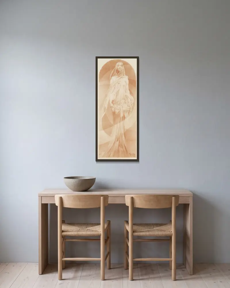 Evocation av Alphonse Mucha inramad på en vägg