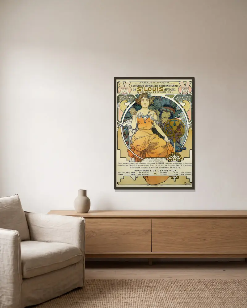 Weltausstellung in St. Louis 1904 von Alphonse Mucha gerahmt an einer Wand