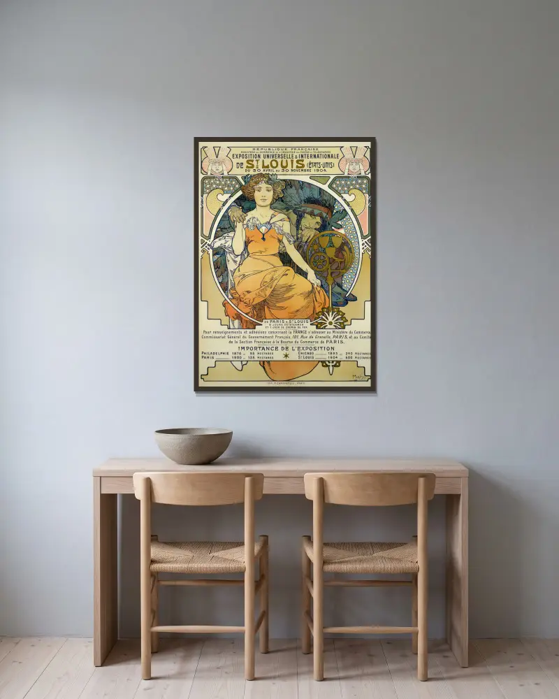 Weltausstellung in St. Louis 1904 von Alphonse Mucha gerahmt an einer Wand