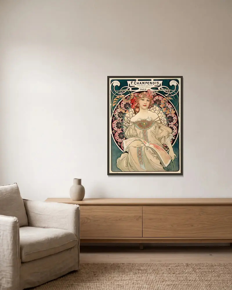 F. Champenois Imprimeur-Editeur av Alphonse Mucha inramad på en vägg