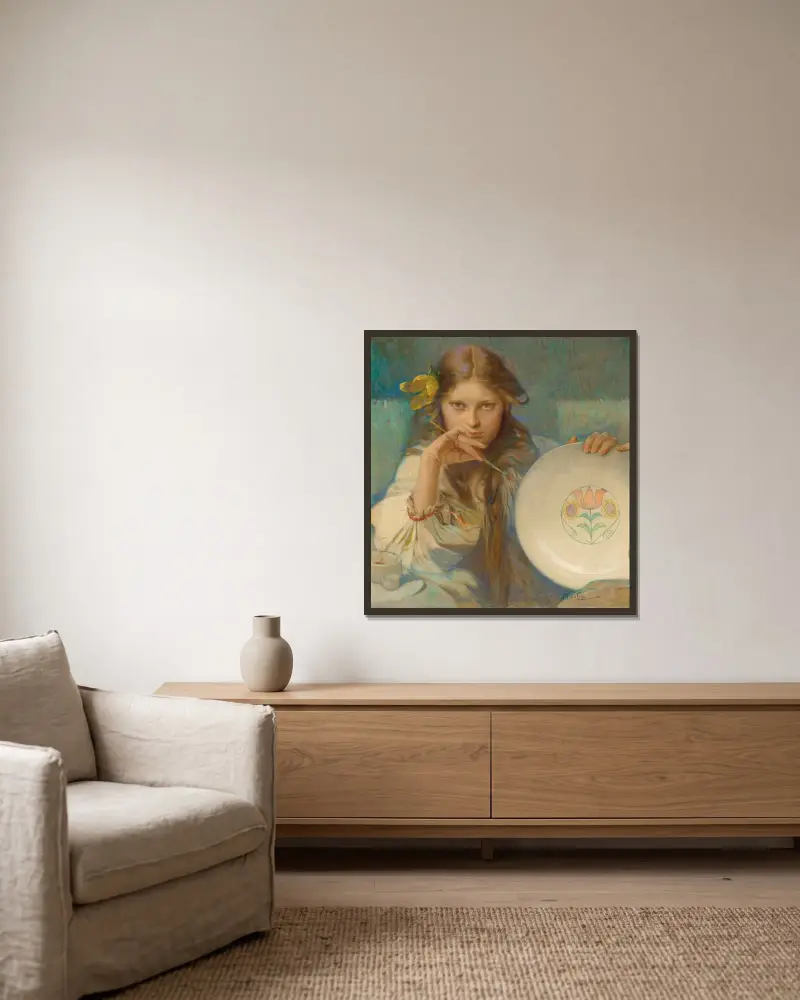 Girl with a Plate with a Folk Motif av Alphonse Mucha inramad på en vägg