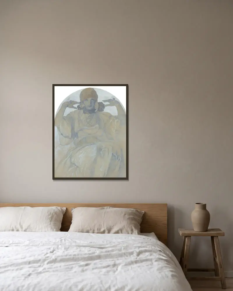 Jaroslava Mucha av Alphonse Mucha inramad på en vägg