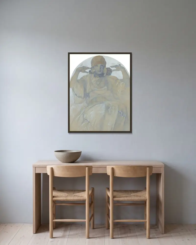 Jaroslava Mucha av Alphonse Mucha inramad på en vägg