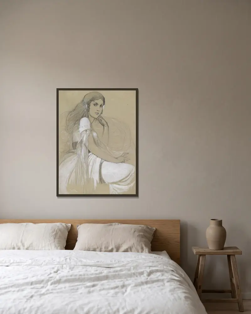Jaroslava Muchová av Alphonse Mucha inramad på en vägg