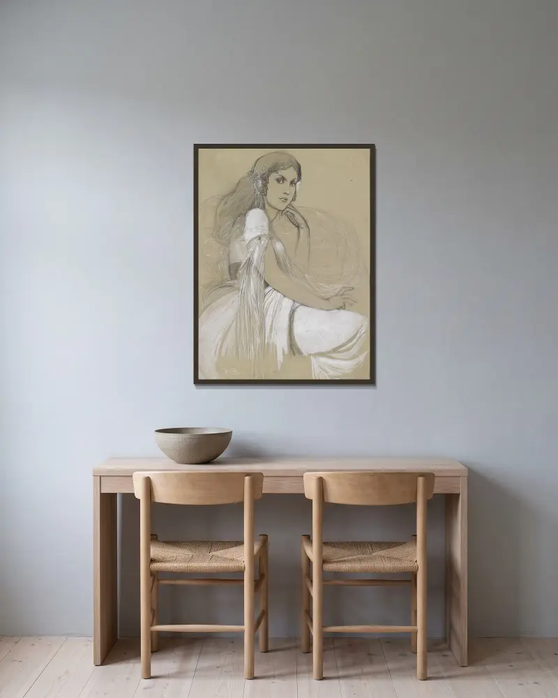 Jaroslava Muchová av Alphonse Mucha inramad på en vägg