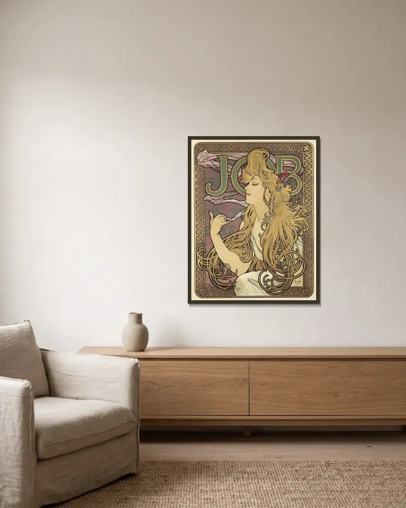 Job, 1896 av Alphonse Mucha inramad på en vägg