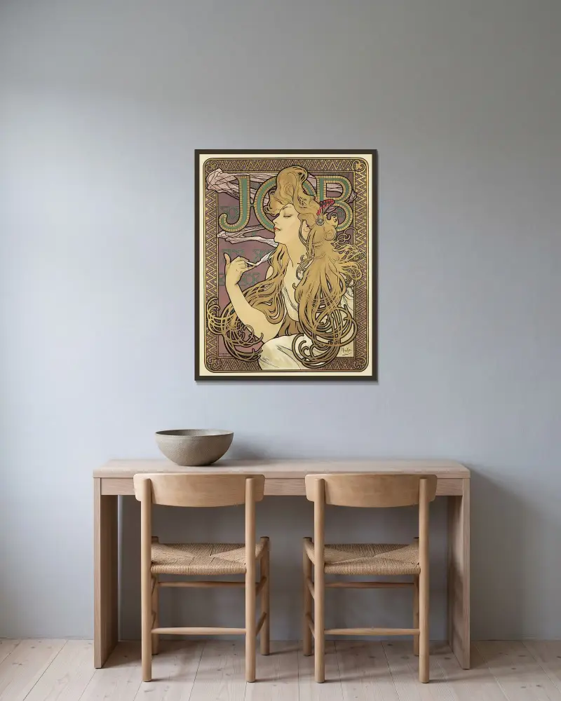 Job, 1896 av Alphonse Mucha inramad på en vägg