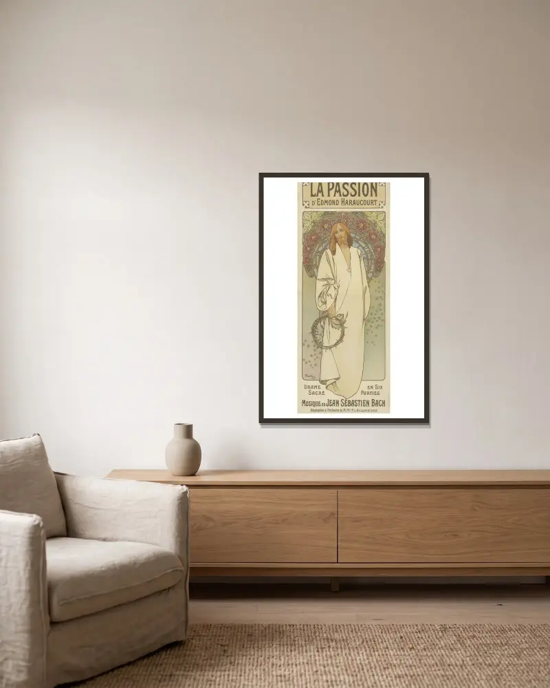 La Passion d’Edmond Haraucourt. Drame sacré en six parties, musique de Jean Sébastien Bach av Alphonse Mucha inramad på en vägg