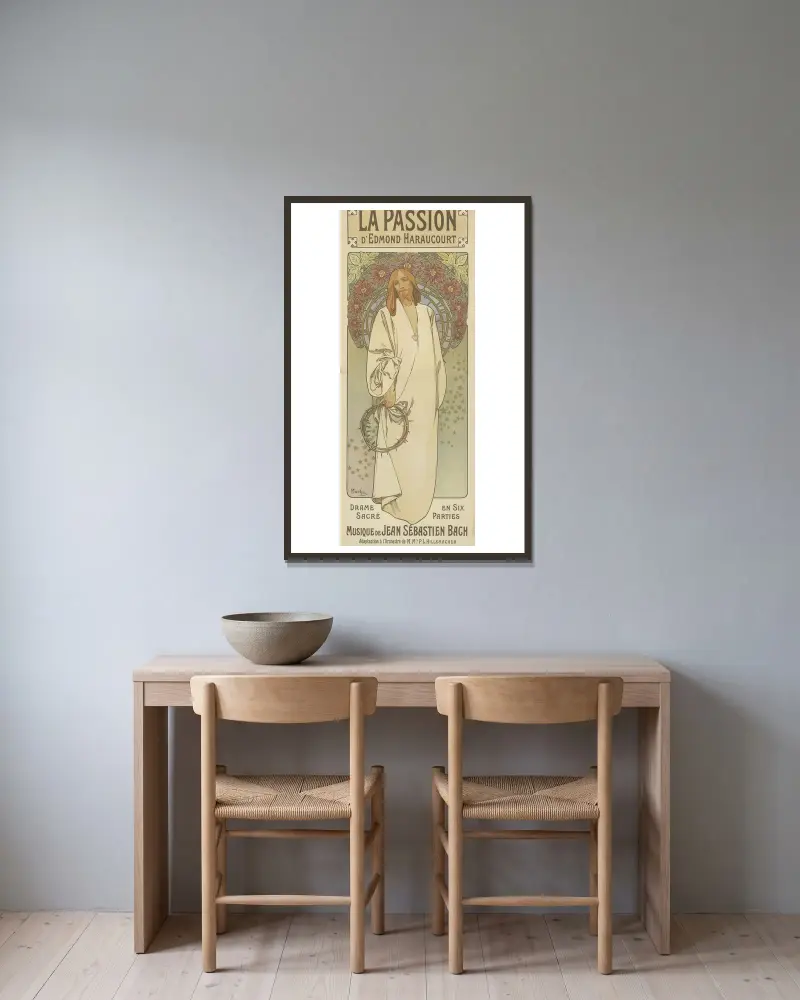 La Passion d’Edmond Haraucourt. Drame sacré en six parties, musique de Jean Sébastien Bach av Alphonse Mucha inramad på en vägg