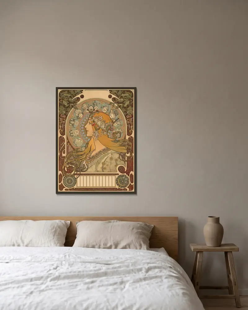 La Plume (Die Feder), 1896 von Alphonse Mucha gerahmt an einer Wand