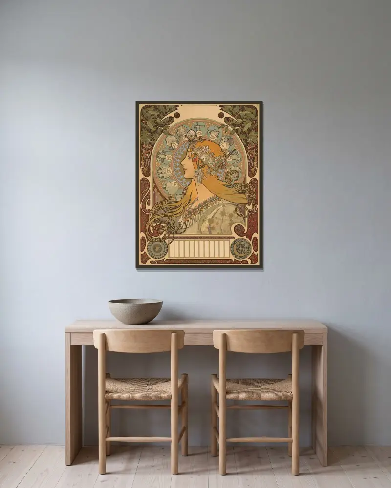 La Plume (Die Feder), 1896 von Alphonse Mucha gerahmt an einer Wand