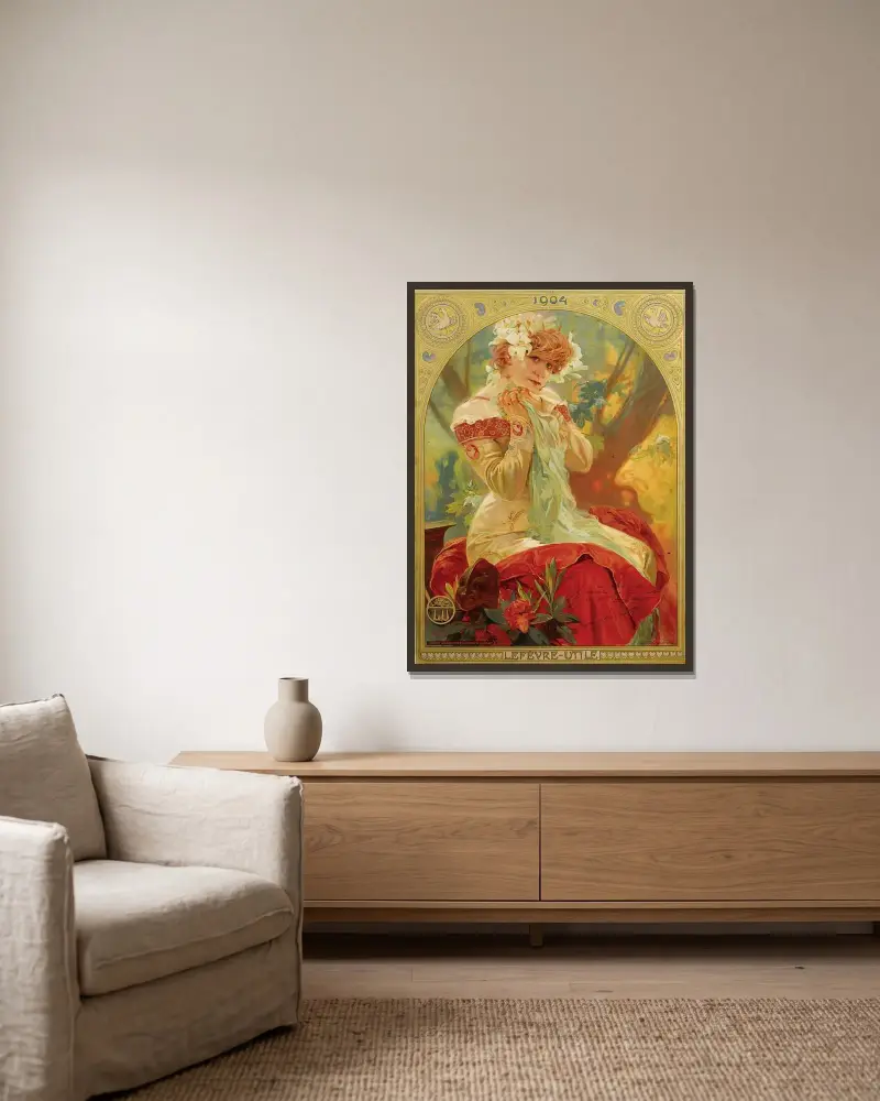 Lefevre-Utile Sarah Bernhardt av Alphonse Mucha inramad på en vägg