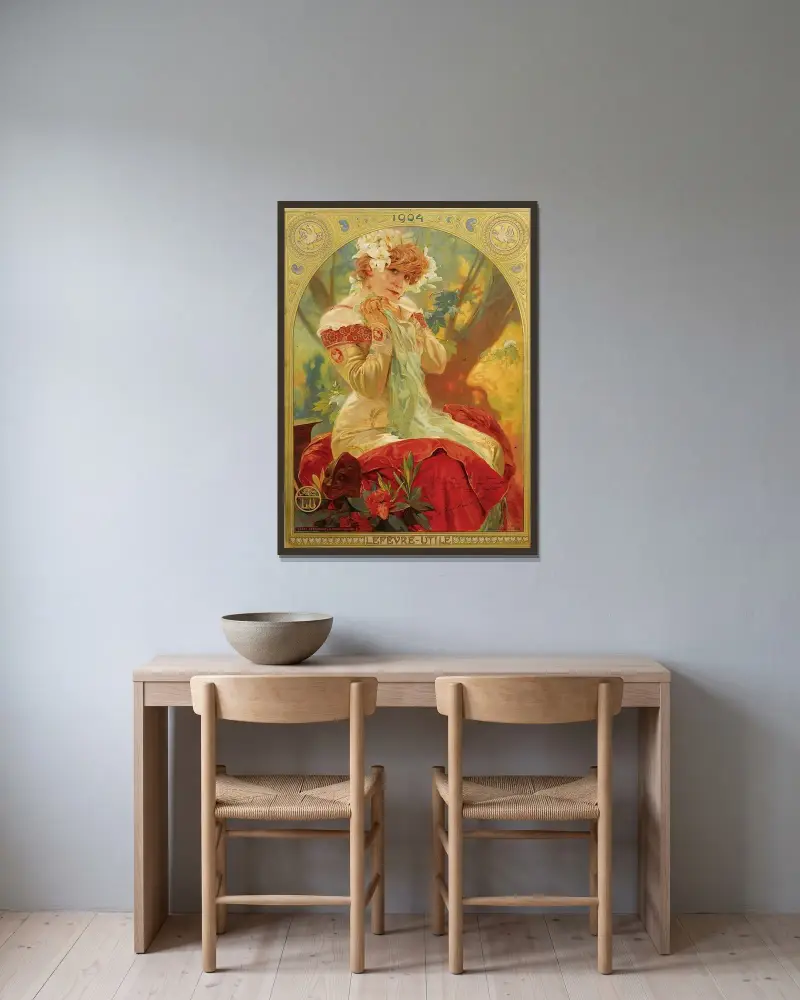Lefevre-Utile Sarah Bernhardt av Alphonse Mucha inramad på en vägg