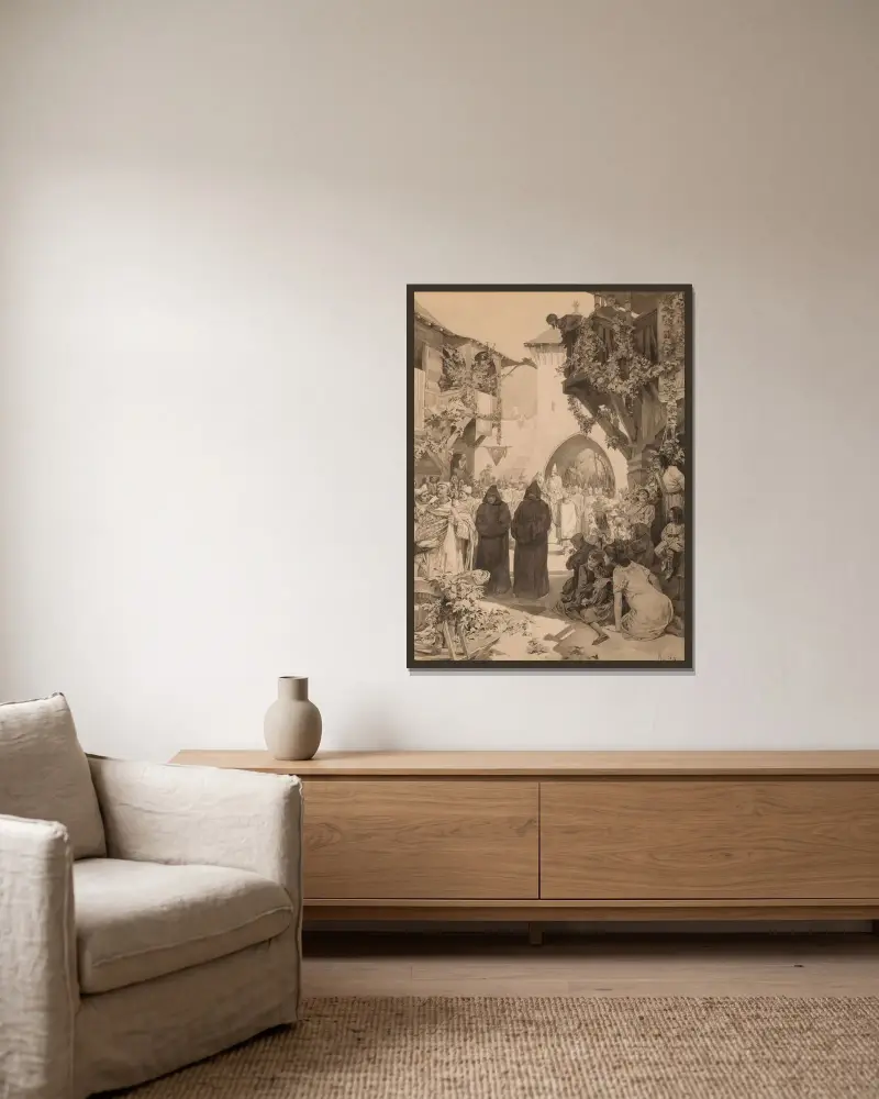 Kaiser Lothar und Papst Innozenz von Alphonse Mucha gerahmt an einer Wand
