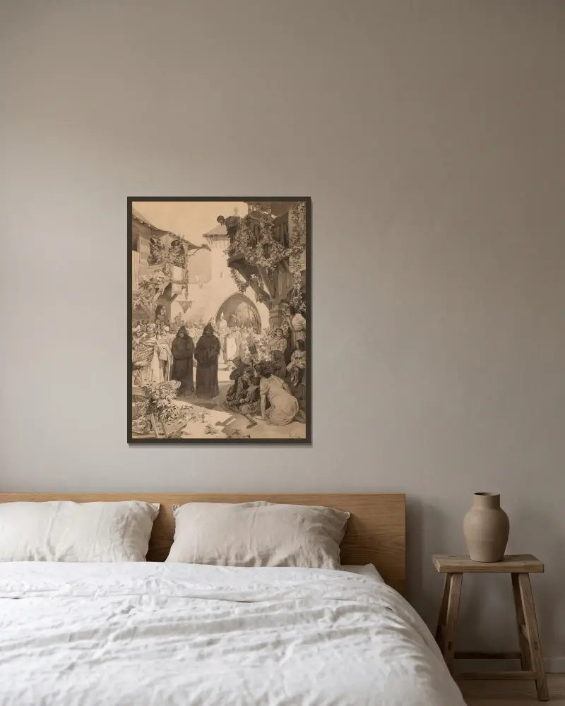 Kaiser Lothar und Papst Innozenz von Alphonse Mucha gerahmt an einer Wand