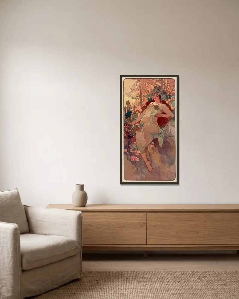 Les Saisons – automne av Alphonse Mucha inramad på en vägg