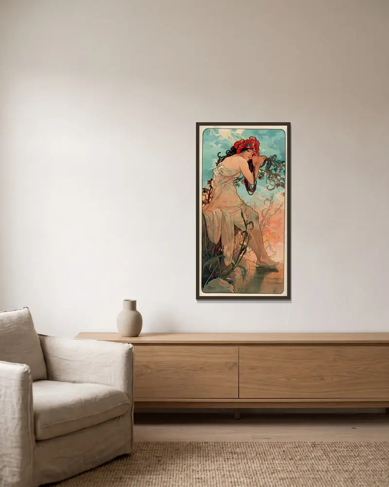 Les Saisons – ete av Alphonse Mucha inramad på en vägg
