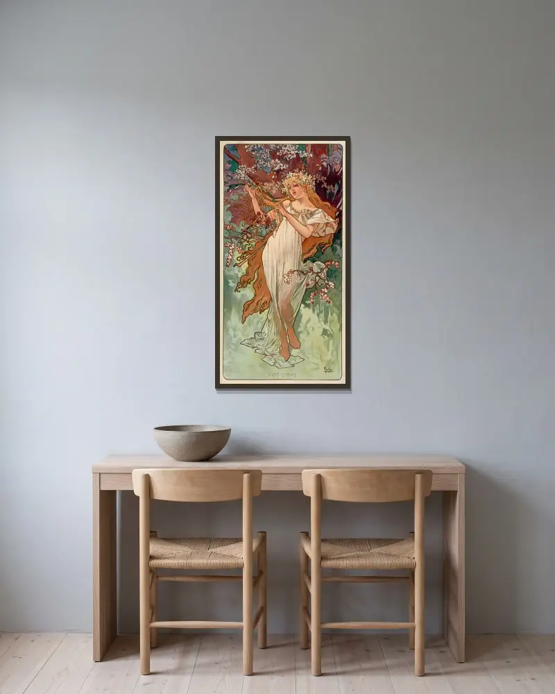 Les Saisons – printemps av Alphonse Mucha inramad på en vägg