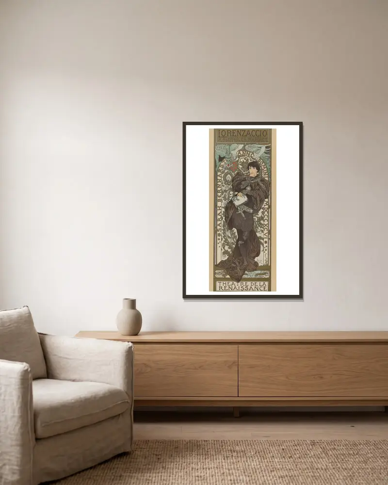 Lorenzaccio av Alphonse Mucha inramad på en vägg