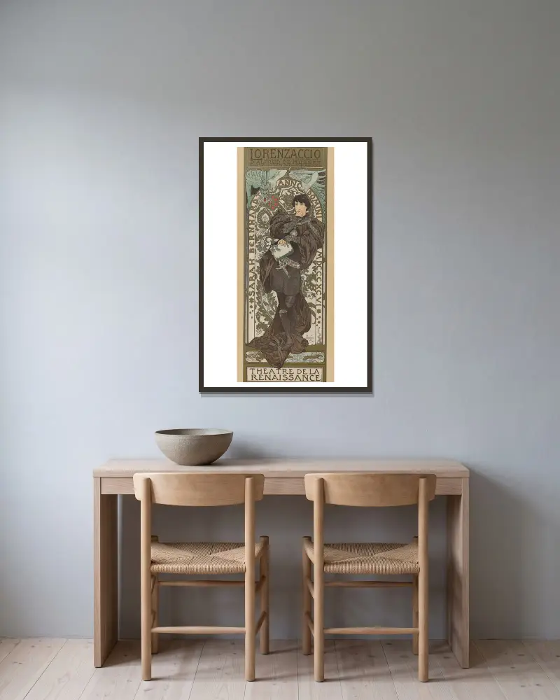 Lorenzaccio av Alphonse Mucha inramad på en vägg