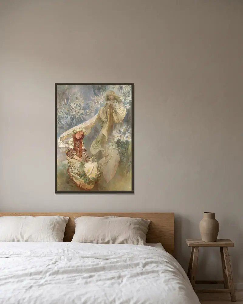 Madonnan med liljorna av Alphonse Mucha inramad på en vägg