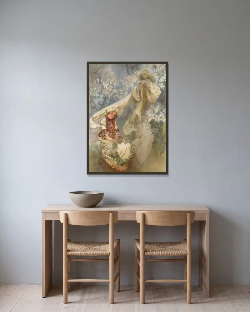 Madonnan med liljorna av Alphonse Mucha inramad på en vägg