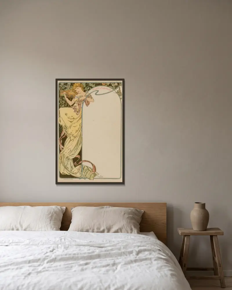 Menu Card, 1900 – nr 3 av Alphonse Mucha inramad på en vägg