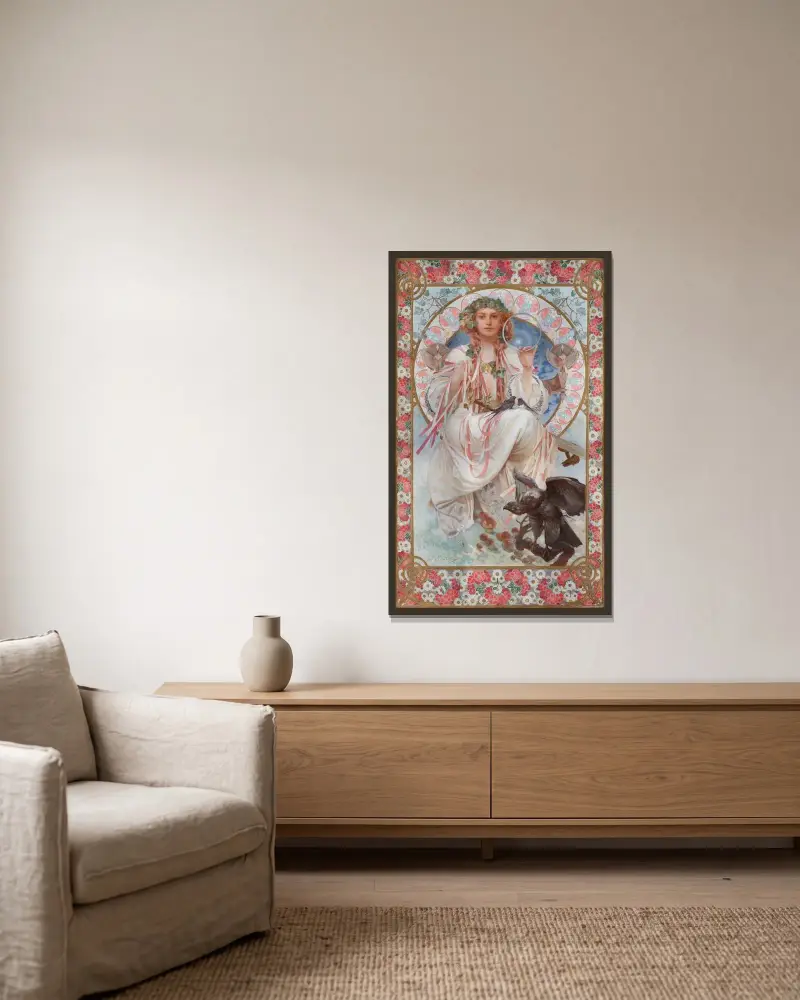 Porträtt av Josephine Crane-Bradley som Slavia av Alphonse Mucha inramad på en vägg