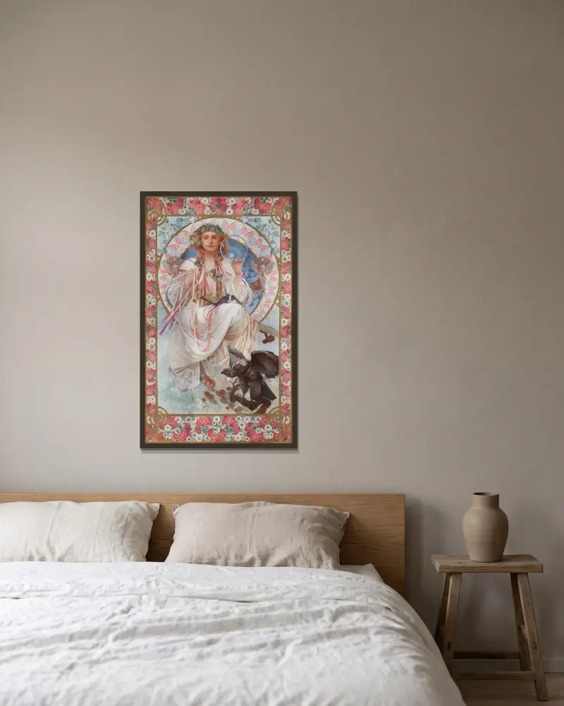 Porträtt av Josephine Crane-Bradley som Slavia av Alphonse Mucha inramad på en vägg