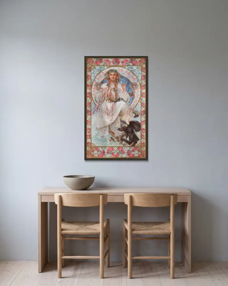 Porträtt av Josephine Crane-Bradley som Slavia av Alphonse Mucha inramad på en vägg