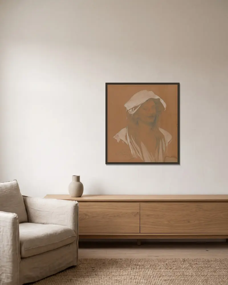 Portrait av Alphonse Mucha inramad på en vägg