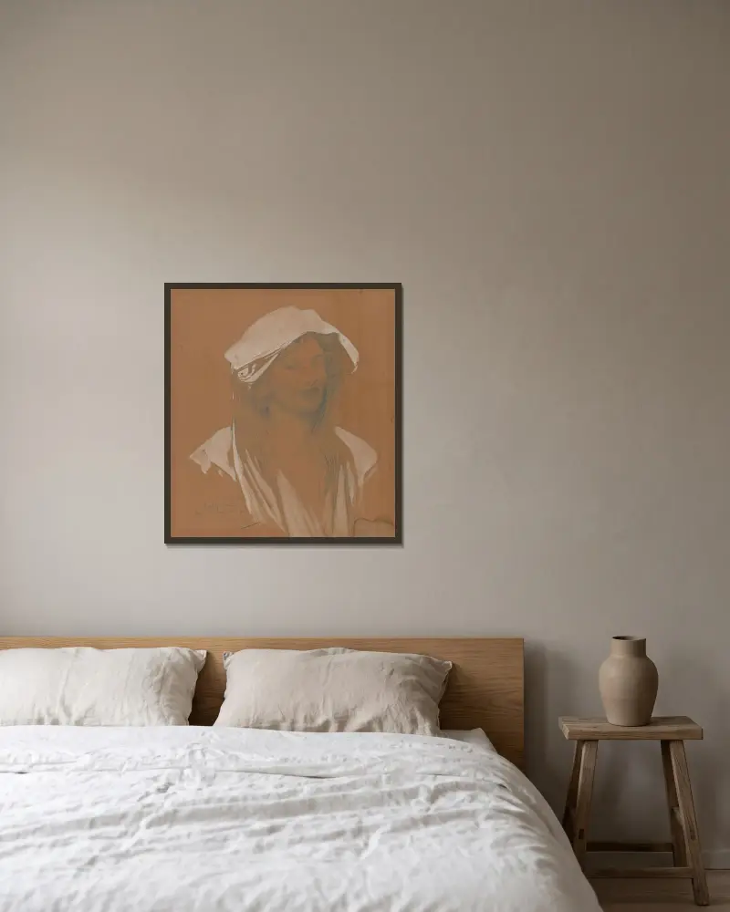 Portrait av Alphonse Mucha inramad på en vägg
