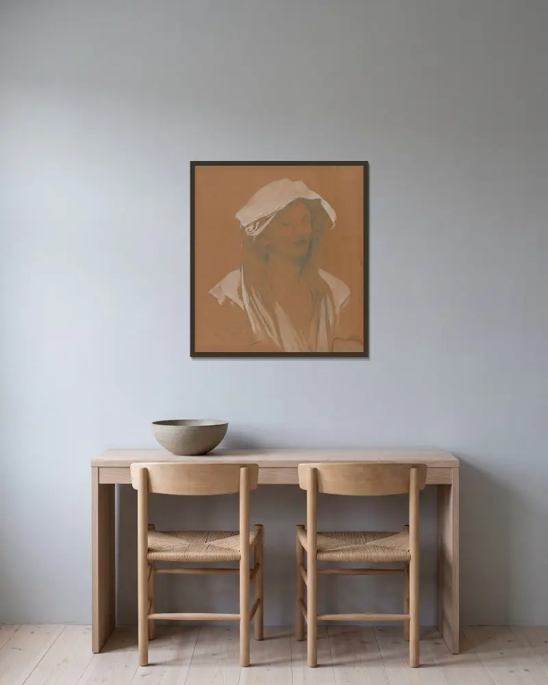Portrait av Alphonse Mucha inramad på en vägg