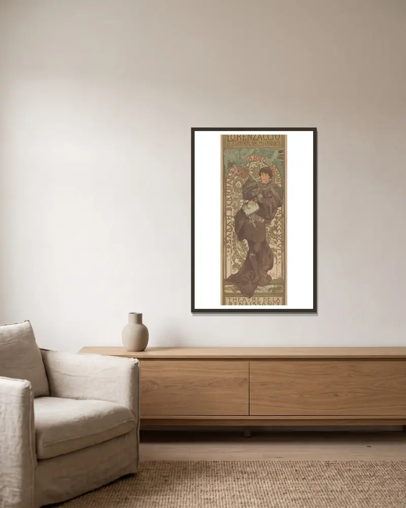 Sarah Bernhardt w Lorenzaccio, Théâtre de la Renaissance, Alphonse Mucha w ramie na ścianie
