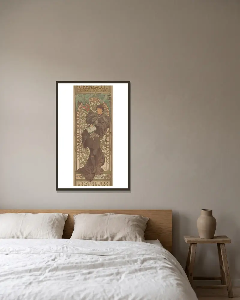 Sarah Bernhardt w Lorenzaccio, Théâtre de la Renaissance, Alphonse Mucha w ramie na ścianie