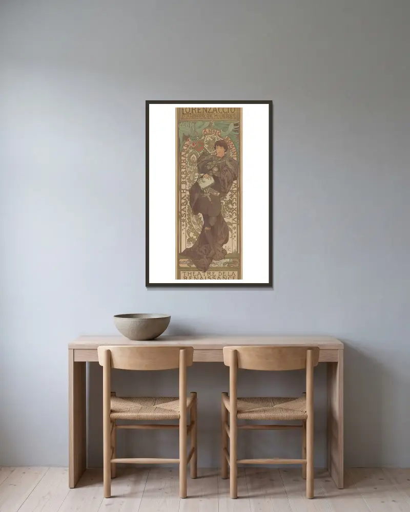 Sarah Bernhardt w Lorenzaccio, Théâtre de la Renaissance, Alphonse Mucha w ramie na ścianie