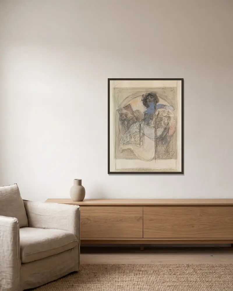 Sedící žena – studie k plakátu, Alphonse Mucha v rámu na stěně