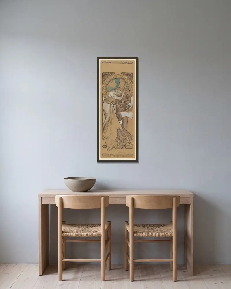 Services secret – maquette d’affiche – Lucien Guitry et Berthe Bovy av Alphonse Mucha inramad på en vägg