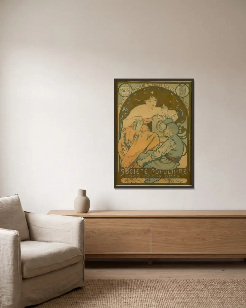 Société Populaire Des Beaux-Arts av Alphonse Mucha inramad på en vägg