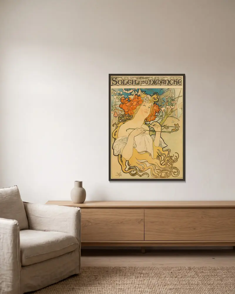 Soleil du Dimanche av Alphonse Mucha inramad på en vägg