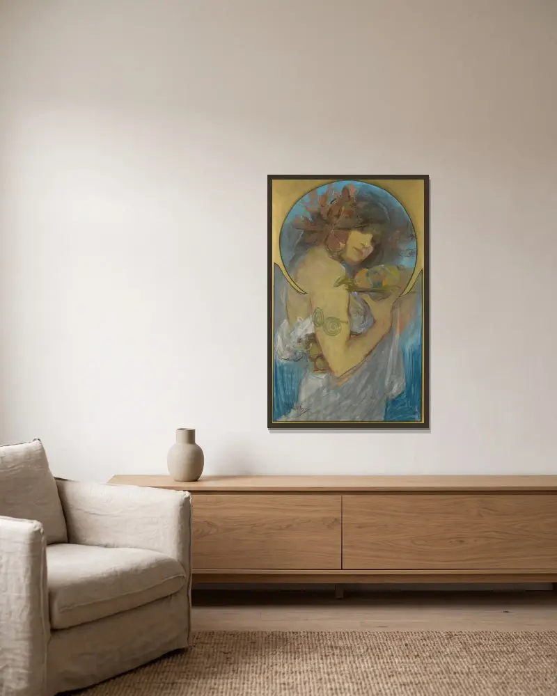 Study For a Poster; Fruit av Alphonse Mucha inramad på en vägg