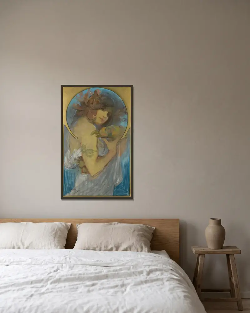 Study For a Poster; Fruit av Alphonse Mucha inramad på en vägg