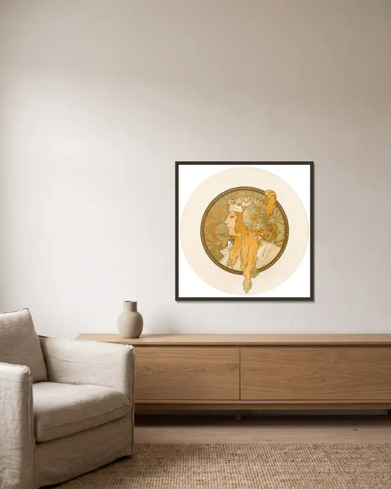 Byzantinische Köpfe (Blond), 1897 – Nr. 1 von Alphonse Mucha gerahmt an einer Wand