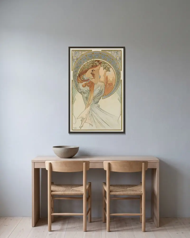 Die Künste 4 von Alphonse Mucha gerahmt an einer Wand