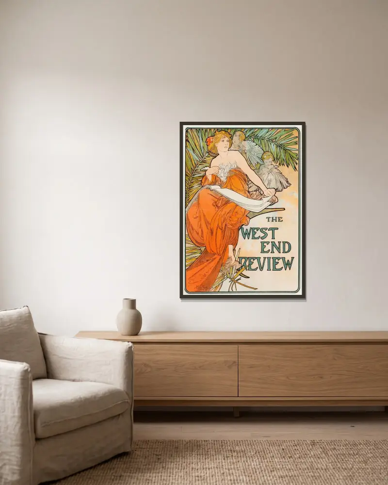 The West End Review av Alphonse Mucha inramad på en vägg