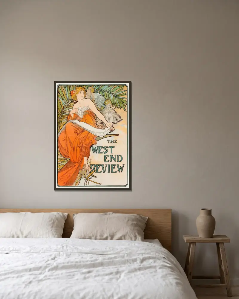 The West End Review av Alphonse Mucha inramad på en vägg