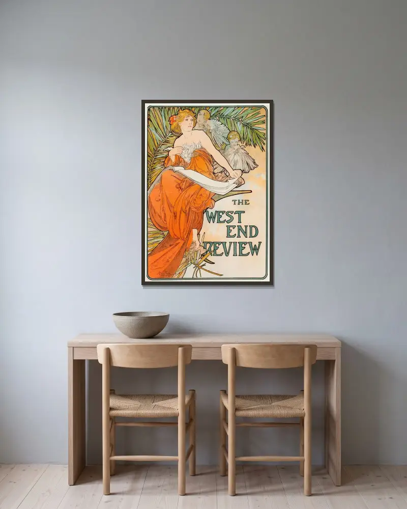 The West End Review av Alphonse Mucha inramad på en vägg