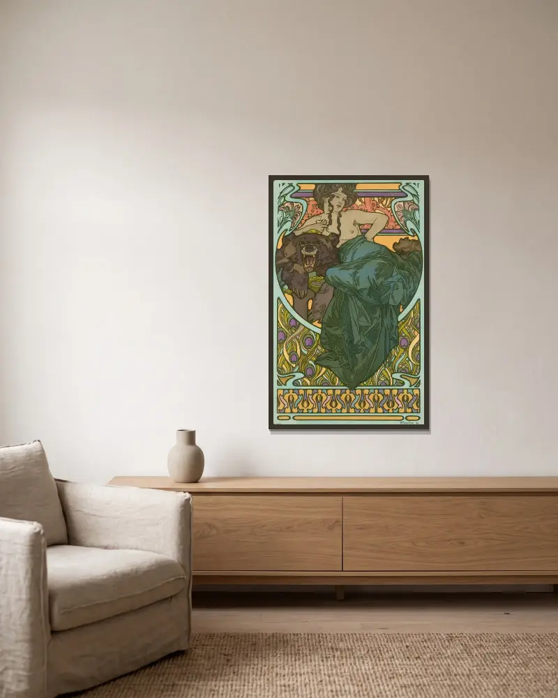 Untitled, 1902 – nr 1 av Alphonse Mucha inramad på en vägg
